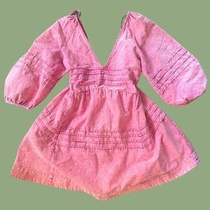 Free People Pink V-Neck Puff Sleeve Mini Dress